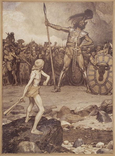 David and Goliath, a colour lithograph by Osmar Schindler (c. 1888)