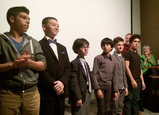The young actors take a bow after the panel discussion. Left to right: Matthew Oliva (Bernie), Leo Hojnowski (Aaron), Tim Borowiec (Ruben), Zane Beers (Irving), Giorgio Poma (Daniel), Zaki Sky (Hershel). In the background: Tom Whitus (director) and Anna Olswanger (author of the book).